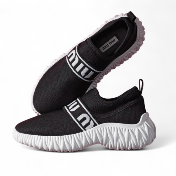 MIU MIU $950 Calzature Donna Black Platform Logo Band Knit Sneakers Size 7.5/8